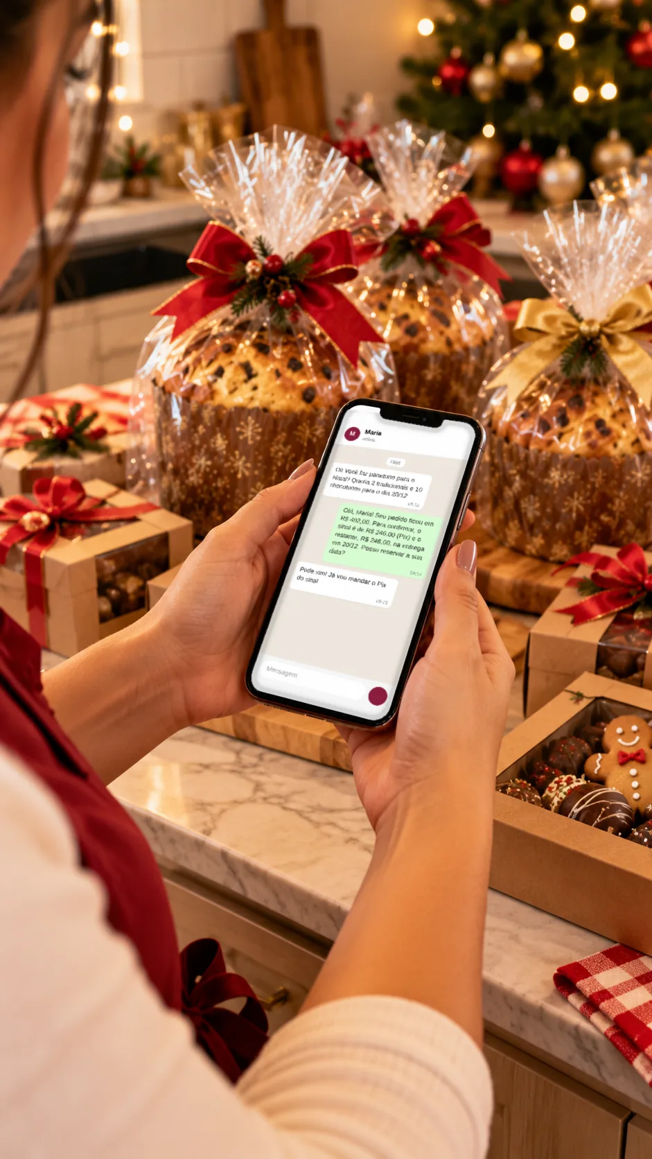 Celular com conversa de orçamento de panetones com a cliente