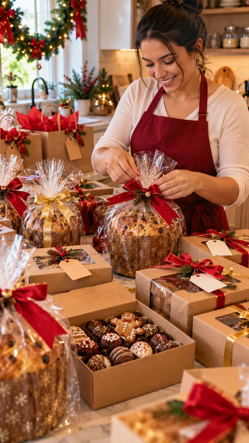 Confeiteira finalizando encomendas de Natal embaladas